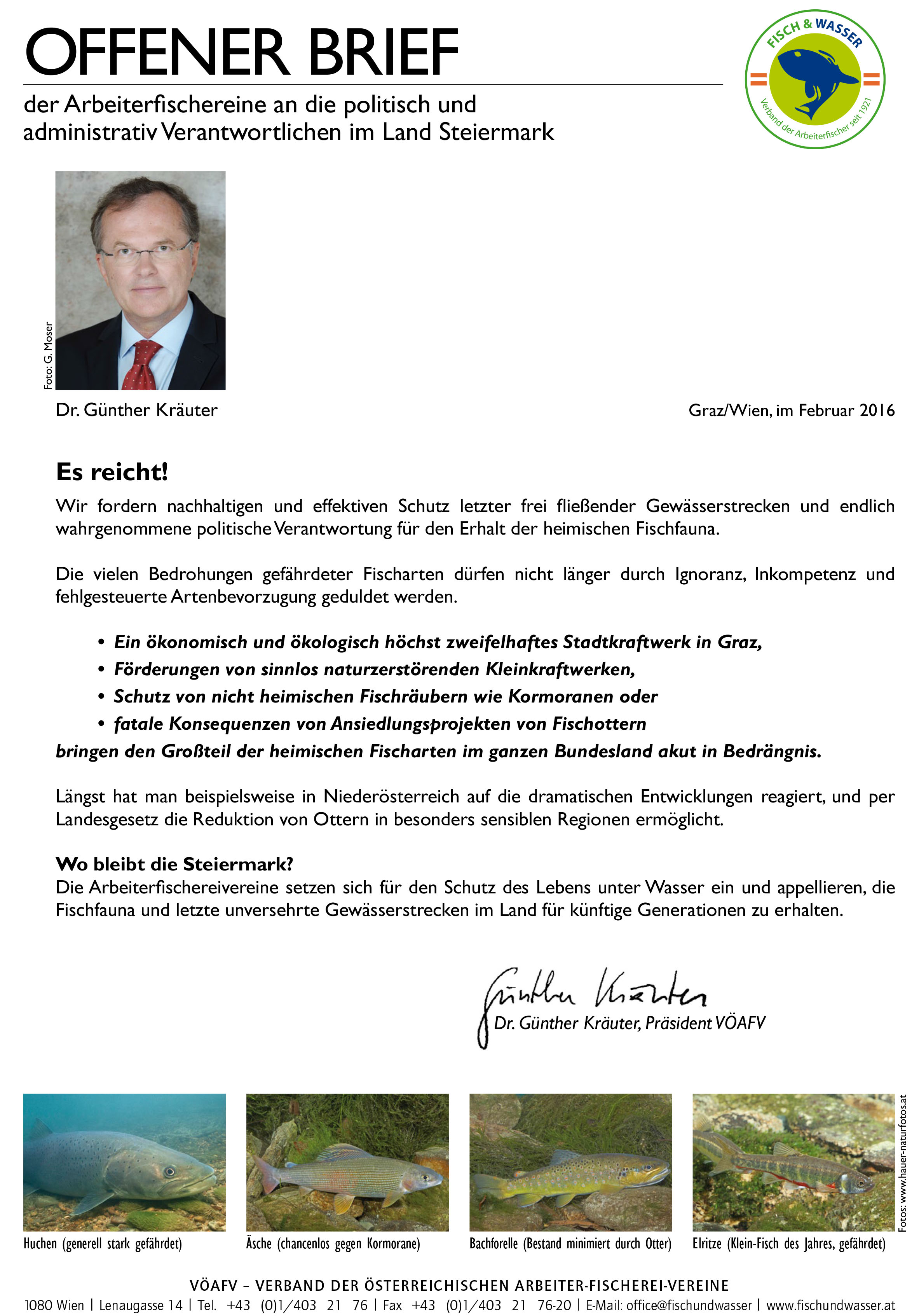 Offener Brief von Dr. Günther Kräuter an die steirische Landespolitik, sich der Verantwortung zum Gewässerschutz bewusst zu werden.