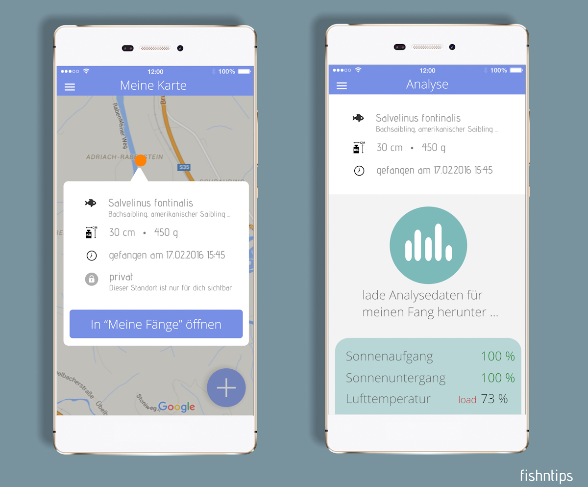 Screenshots der fishntips-App. Viele Daten in übersichtlichem Design.