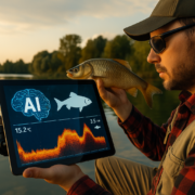 Künstliche Intelligenz am Wasser: Angler mit KI-gestütztem Echolot am ruhigen See bei Sonnenaufgang.