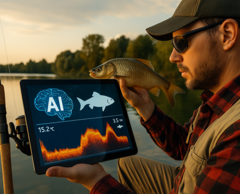 Künstliche Intelligenz am Wasser: Angler mit KI-gestütztem Echolot am ruhigen See bei Sonnenaufgang.