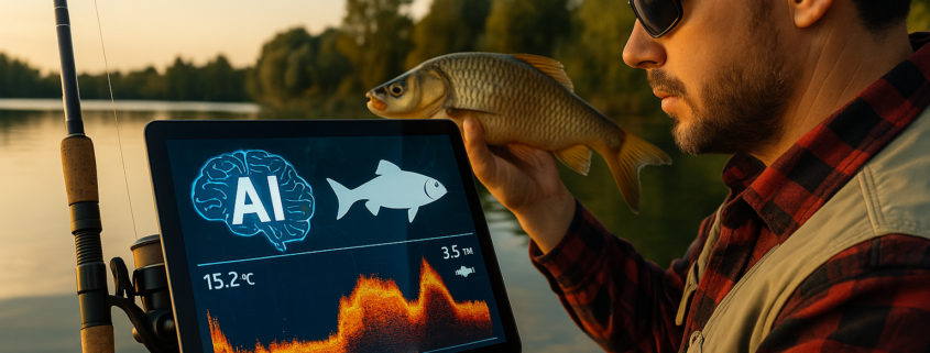 Künstliche Intelligenz am Wasser: Angler mit KI-gestütztem Echolot am ruhigen See bei Sonnenaufgang.